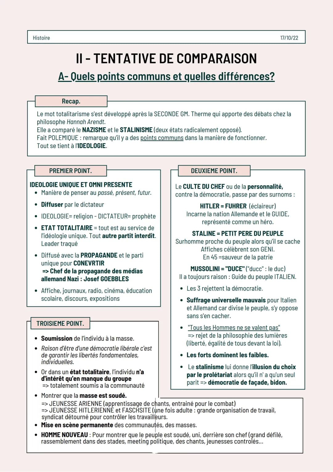 Histoire
POINTS COMMUNS?
ENTRE CES ETATS
TOTALITAIRES.
QUELLES DIFFÉRENCES? Les régimes totalitaires :
Fascisme, Stalinisme, Nazisme
Intro.
