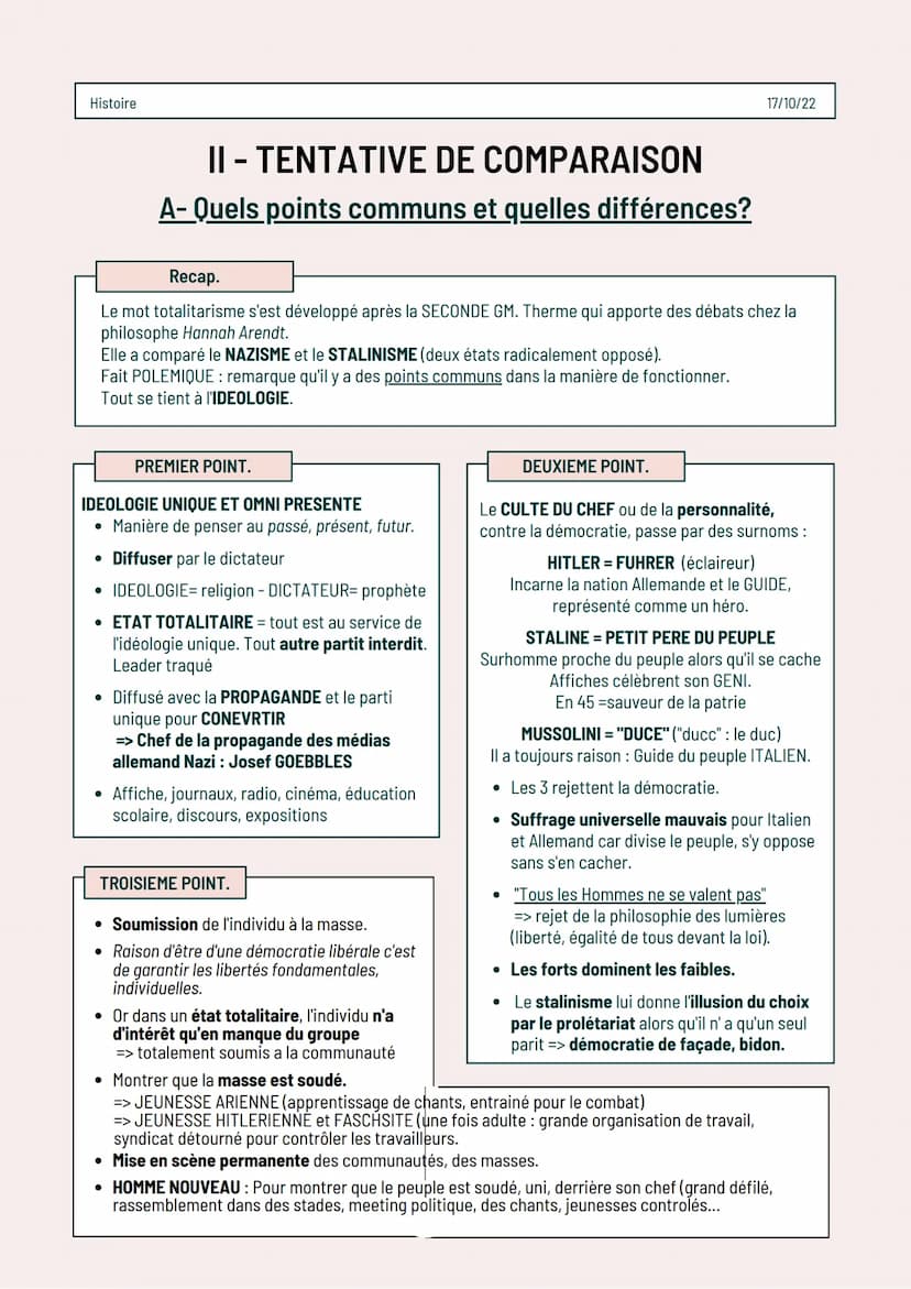Histoire
POINTS COMMUNS?
ENTRE CES ETATS
TOTALITAIRES.
QUELLES DIFFÉRENCES? Les régimes totalitaires :
Fascisme, Stalinisme, Nazisme
Intro.
