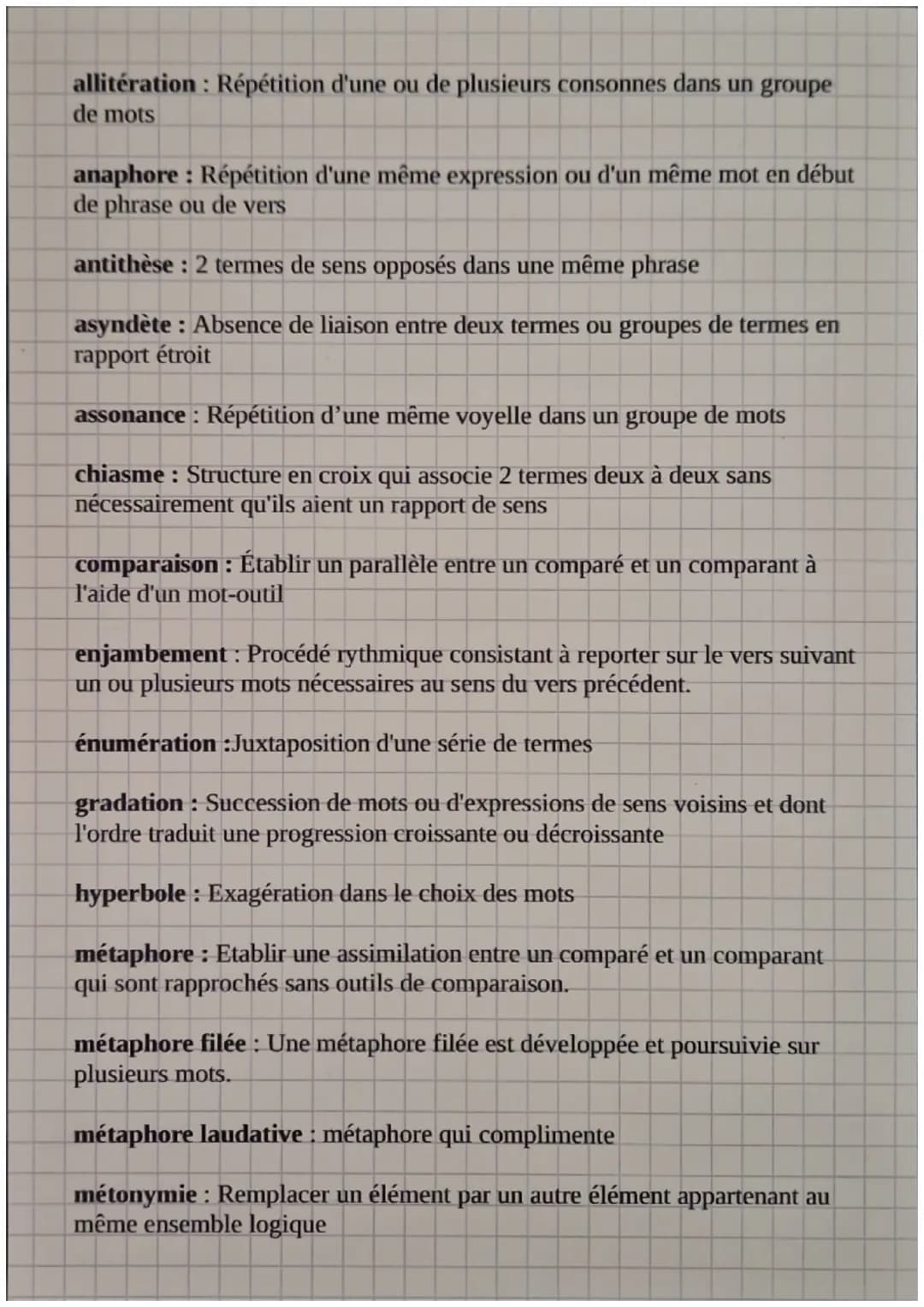 allitération : Répétition d'une ou de plusieurs consonnes dans un groupe
de mots
anaphore: Répétition d'une même expression ou d'un même mot