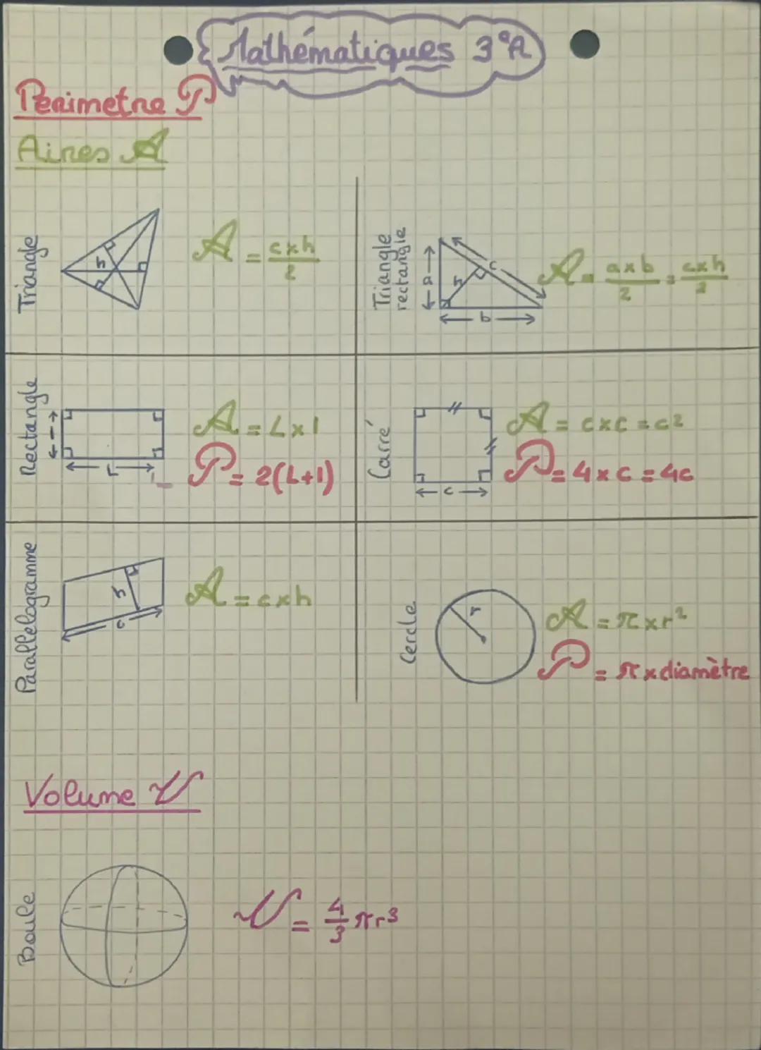 Mathématiques 3°R

Perimetne g
Aines A

$A = \frac{c \times h}{2}$

Triangle rectangle
$A = \frac{a \times b}{2} = \frac{c \times h}{2}$

$A