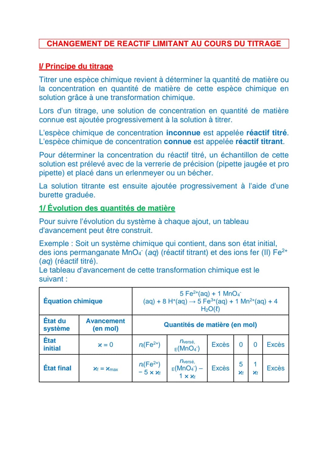 CHANGEMENT DE REACTIF LIMITANT AU COURS DU TITRAGE
I/ Principe du titrage
Titrer une espèce chimique revient à déterminer la quantité de mat