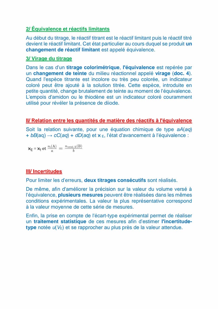 CHANGEMENT DE REACTIF LIMITANT AU COURS DU TITRAGE
I/ Principe du titrage
Titrer une espèce chimique revient à déterminer la quantité de mat