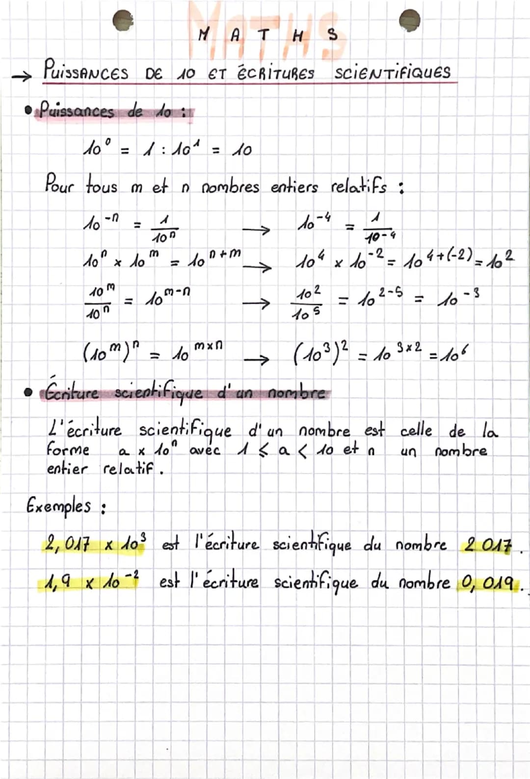 VATHS
PuissANCES DE 10 ET ÉCRITURES SCIENTIFIQUES
•Puissances de do :
10° = 1 : 101
= 10
Pour tous met n nombres entiers relatifs :
10-7
n
"