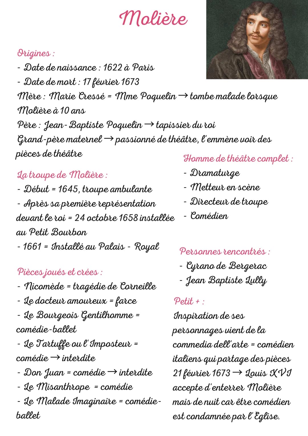 <h2 id="biographiedemolire">Biographie de Molière</h2>
<p>Molière, de son vrai nom Jean-Baptiste Poquelin, est né en 1622 à Paris et est déc