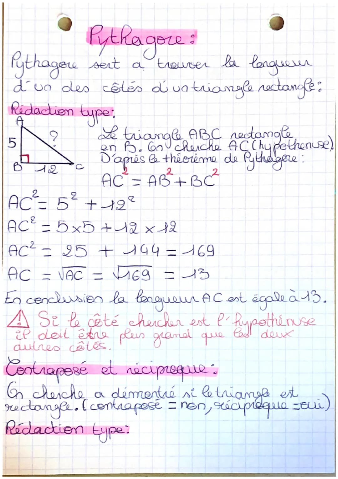 Pythagore:
Pythagore sert a trouver la longueur
d'un des côtés d'untriangle rectangle:
Rédaction type:
2
5
B 12
Le triangle ABC rectangle
en