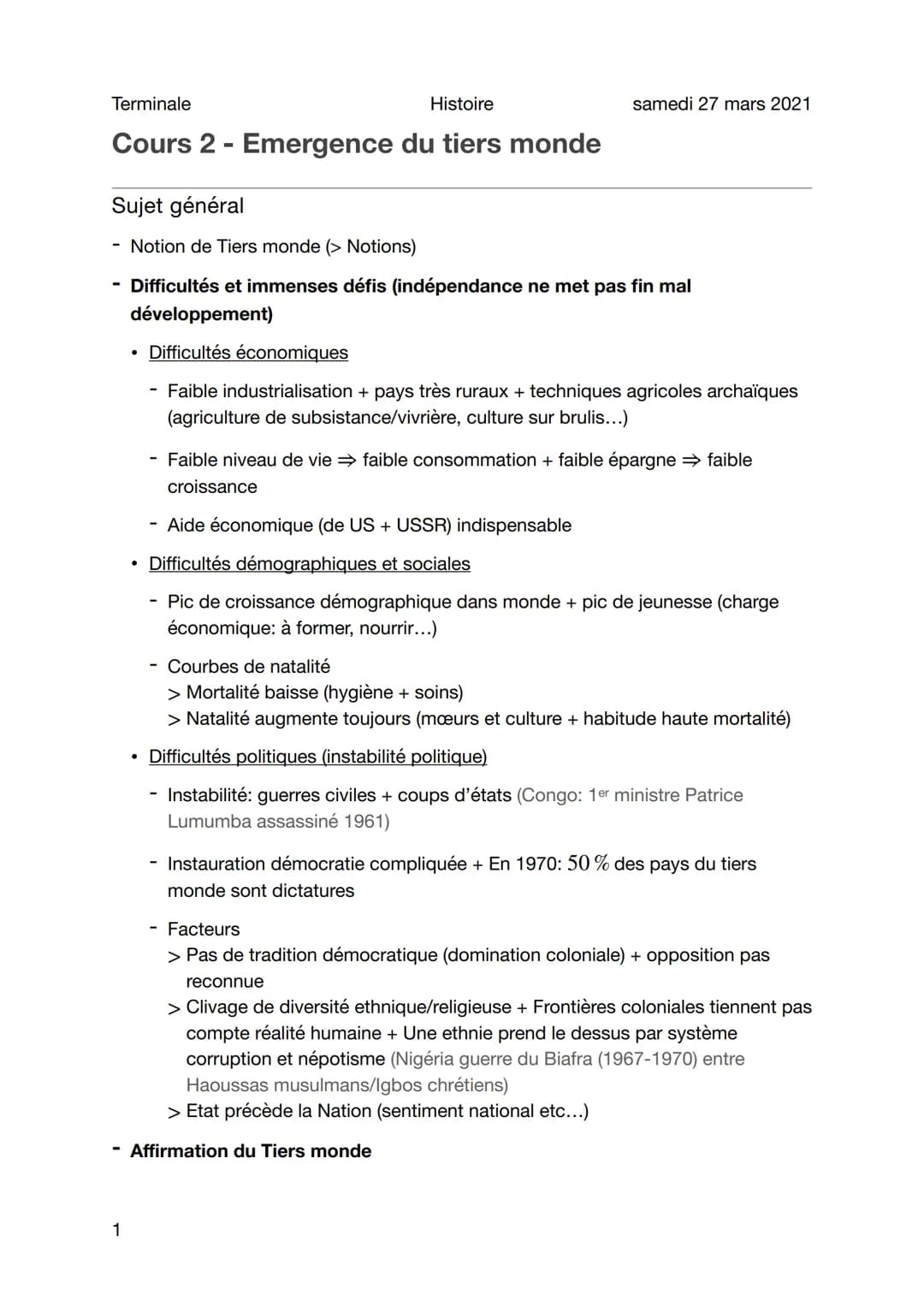 Terminale
Histoire
Cours 2 - Emergence du tiers monde
Sujet général
Notion de Tiers monde (> Notions)
Difficultés et immenses défis (indépen