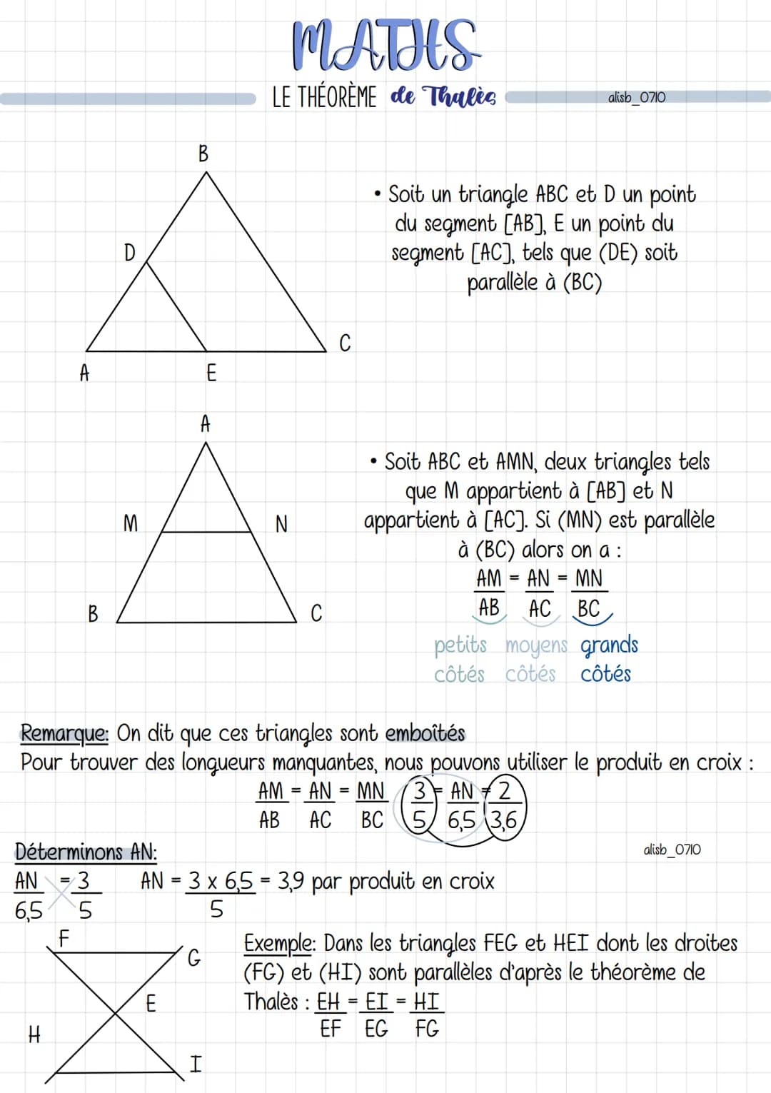 A
B
H
D
M
Déterminons AN:
AN = 3
6,5 5
F
B
ய
A
E
G
MATHS
LE THÉORÈME de Thalic
H
N
C
C
Remarque: On dit que ces triangles sont emboîtés
Pour