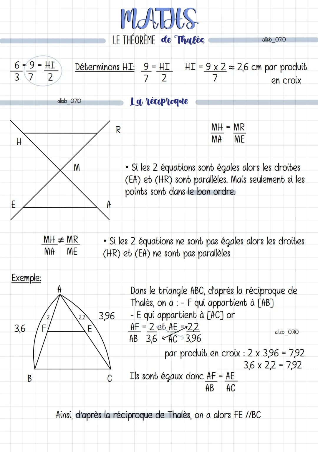 A
B
H
D
M
Déterminons AN:
AN = 3
6,5 5
F
B
ய
A
E
G
MATHS
LE THÉORÈME de Thalic
H
N
C
C
Remarque: On dit que ces triangles sont emboîtés
Pour