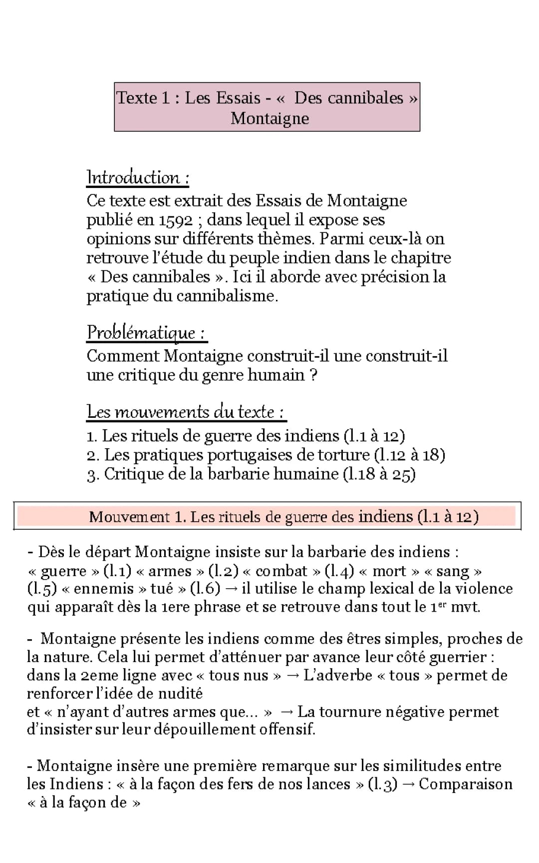 Analyse linéaire Les essais « Des cannibales » de Montaigne