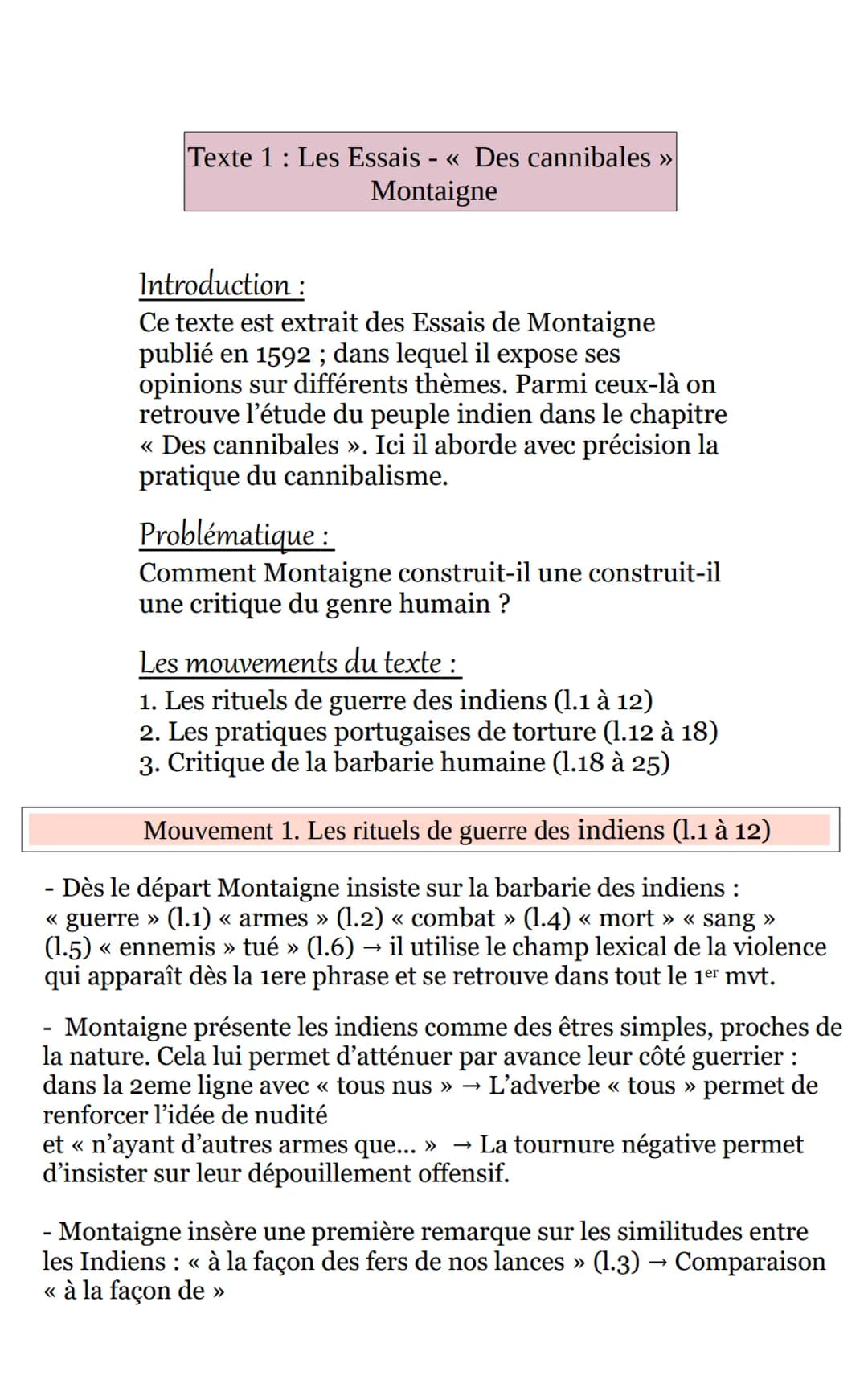 Texte 1 : Les Essais - << Des cannibales >>
Montaigne
-
Introduction :
Ce texte est extrait des Essais de Montaigne
publié en 1592; dans leq