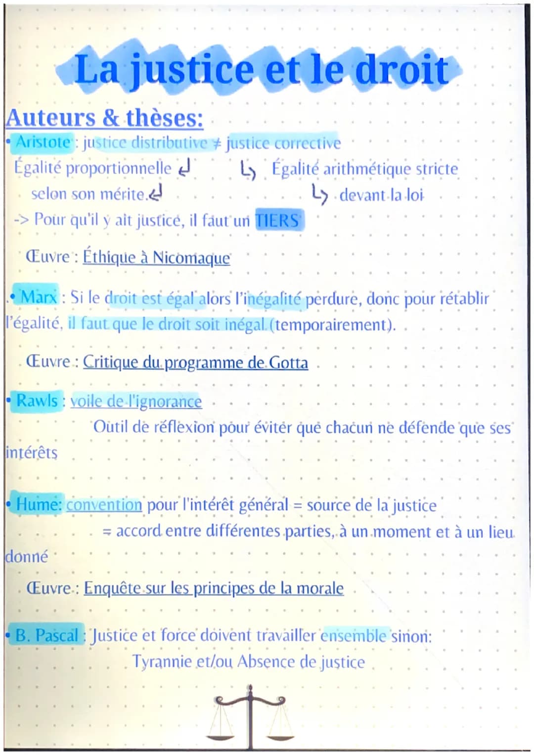La justice et le droit
Auteurs & thèses:
•Aristote: justice distributive # justice corrective
Égalité proportionnelle
selon son mérite.
-> P