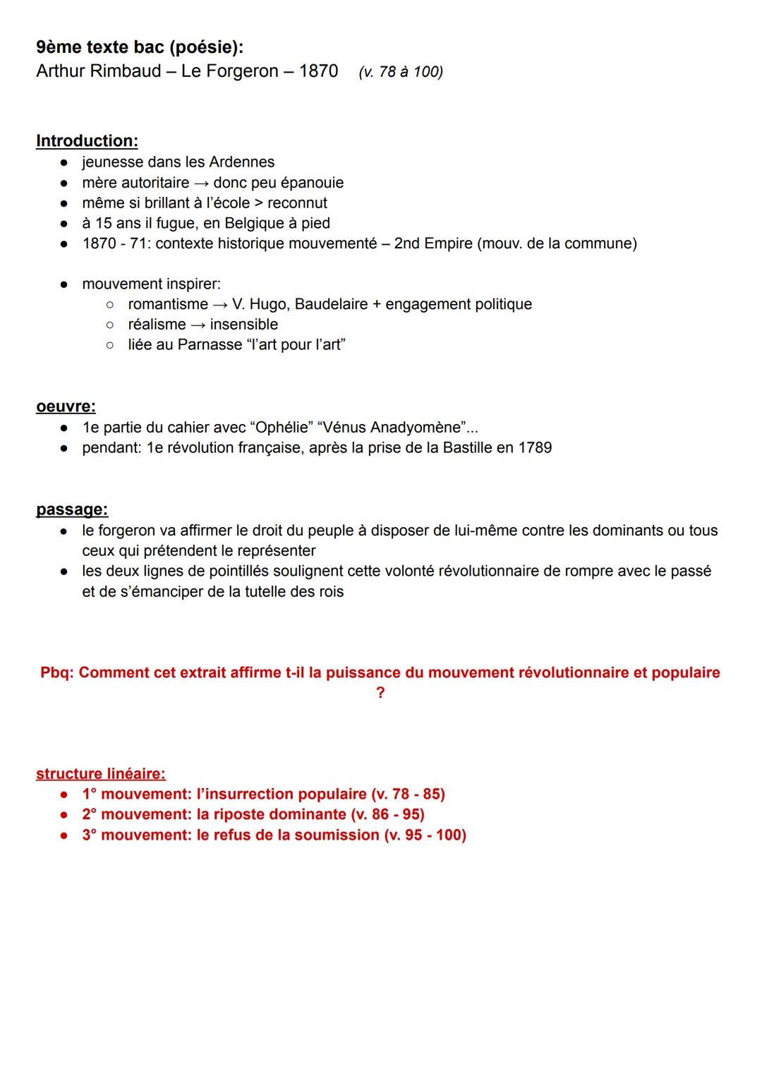 9ème texte bac (poésie):
Arthur Rimbaud - Le Forgeron - 1870 (v. 78 à 100)
Introduction:
⚫ jeunesse dans les Ardennes
• mère autoritaire → d