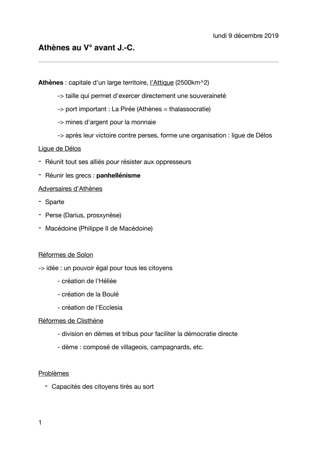 Athènes au V° avant J.-C.
lundi 9 décembre 2019

Athènes: capitale d'un large territoire, l'Attique (2500km^2)
-> taille qui permet d'exerce
