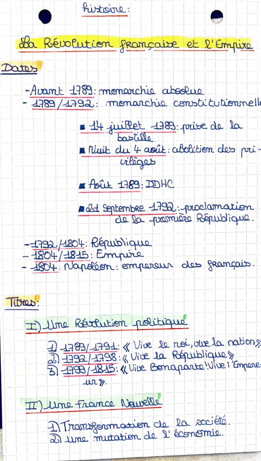 La Révolution française et l'Empire
Dates
histoire:
-Avant 1789: monarchie absolue
1789/1792: monarchie constitutionnelle
Titres:
• 14 juill