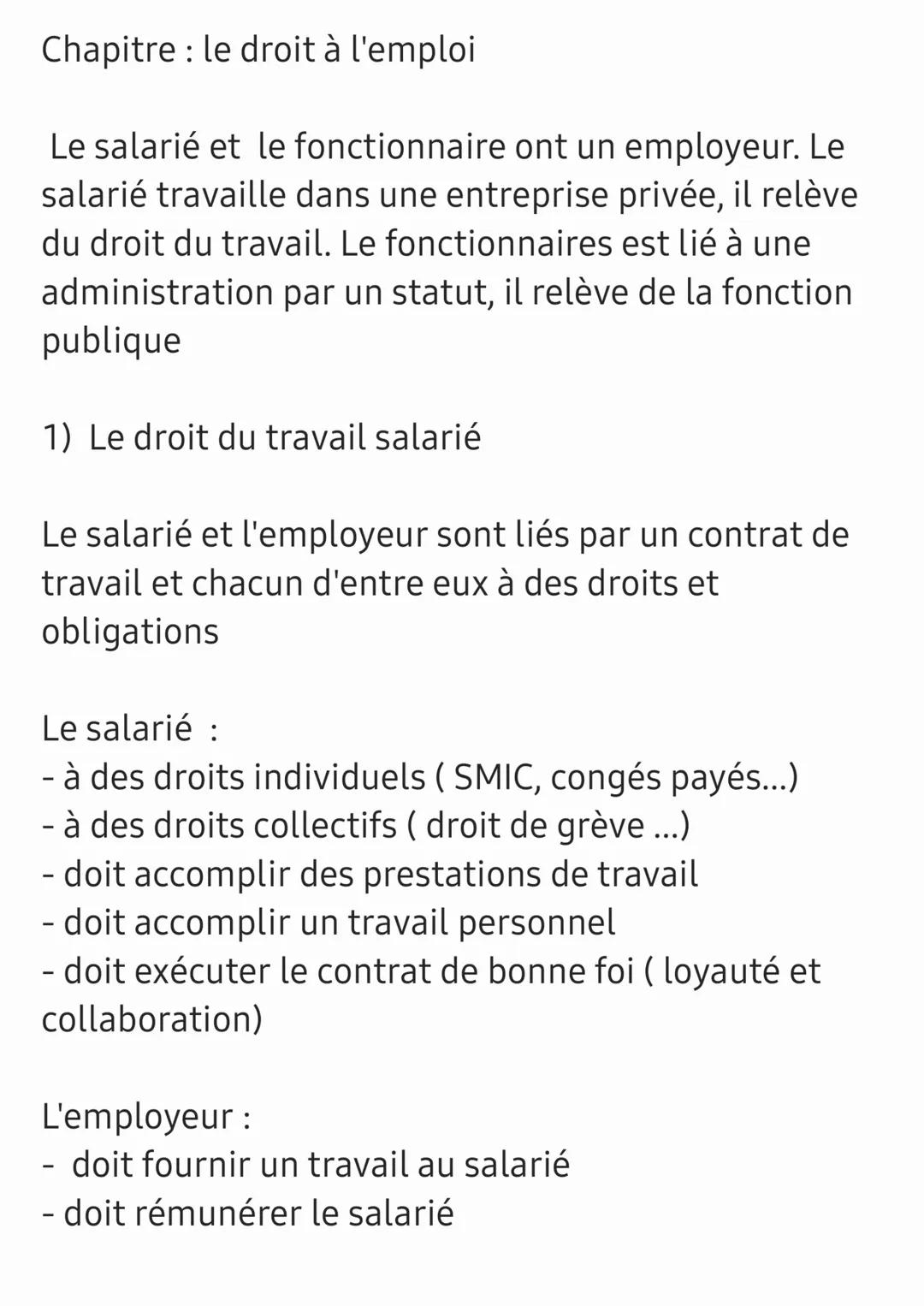 Chapitre : le droit à l'emploi

Le salarié et le fonctionnaire ont un employeur. Le
salarié travaille dans une entreprise privée, il relève
