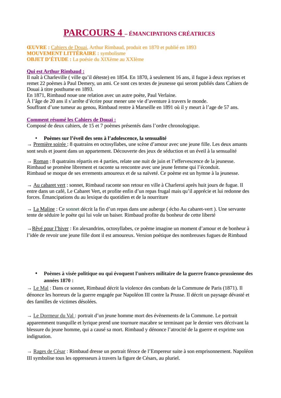 PARCOURS 4 - ÉMANCIPATIONS CRÉATRICES
ŒUVRE: Cahiers de Douai, Arthur Rimbaud, produit en 1870 et publié en 1893
MOUVEMENT LITTÉRAIRE: symbo