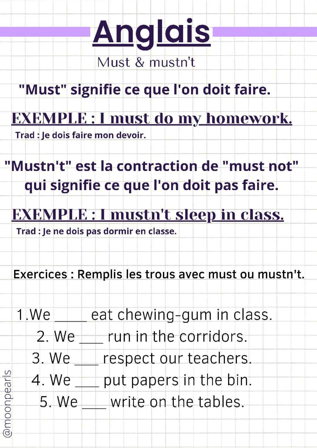 Exercices Anglais 6ème : Must et Mustn't Faciles en PDF