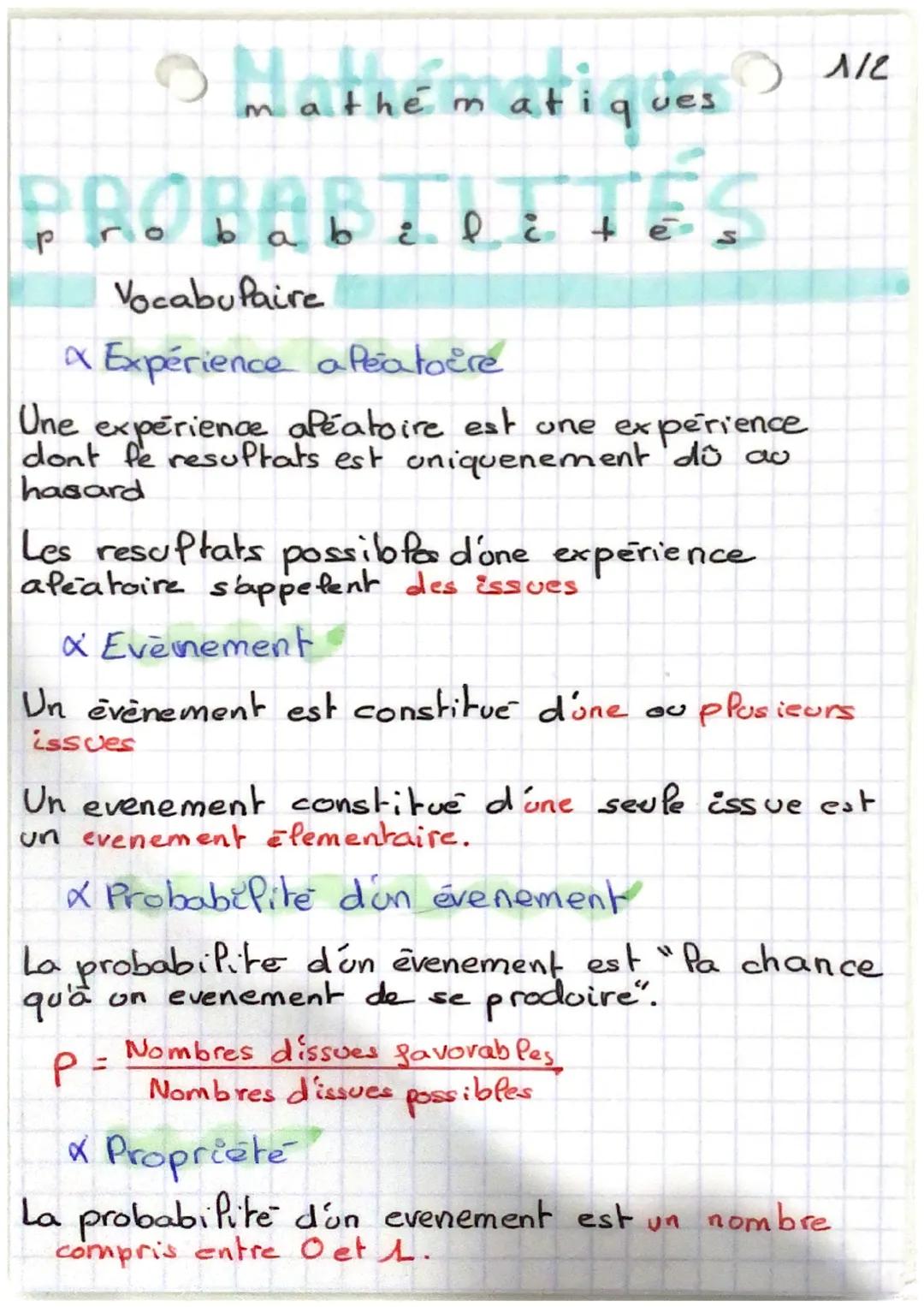 mathématiques 1/2

PROBABILITÉS

Vocabulaire

$\alpha$ Expérience a Péatoire

Une expérience aléatoire est une expérience
dont le resultats 