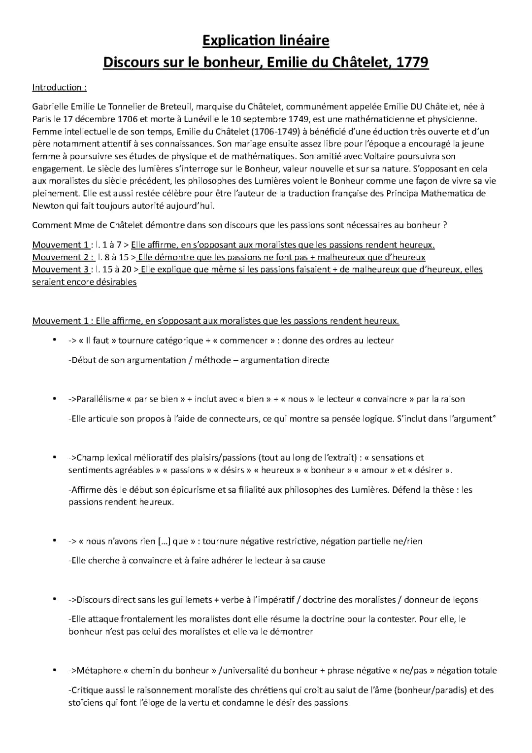 Analyse du Discours sur le bonheur et biographie d'Émilie du Châtelet