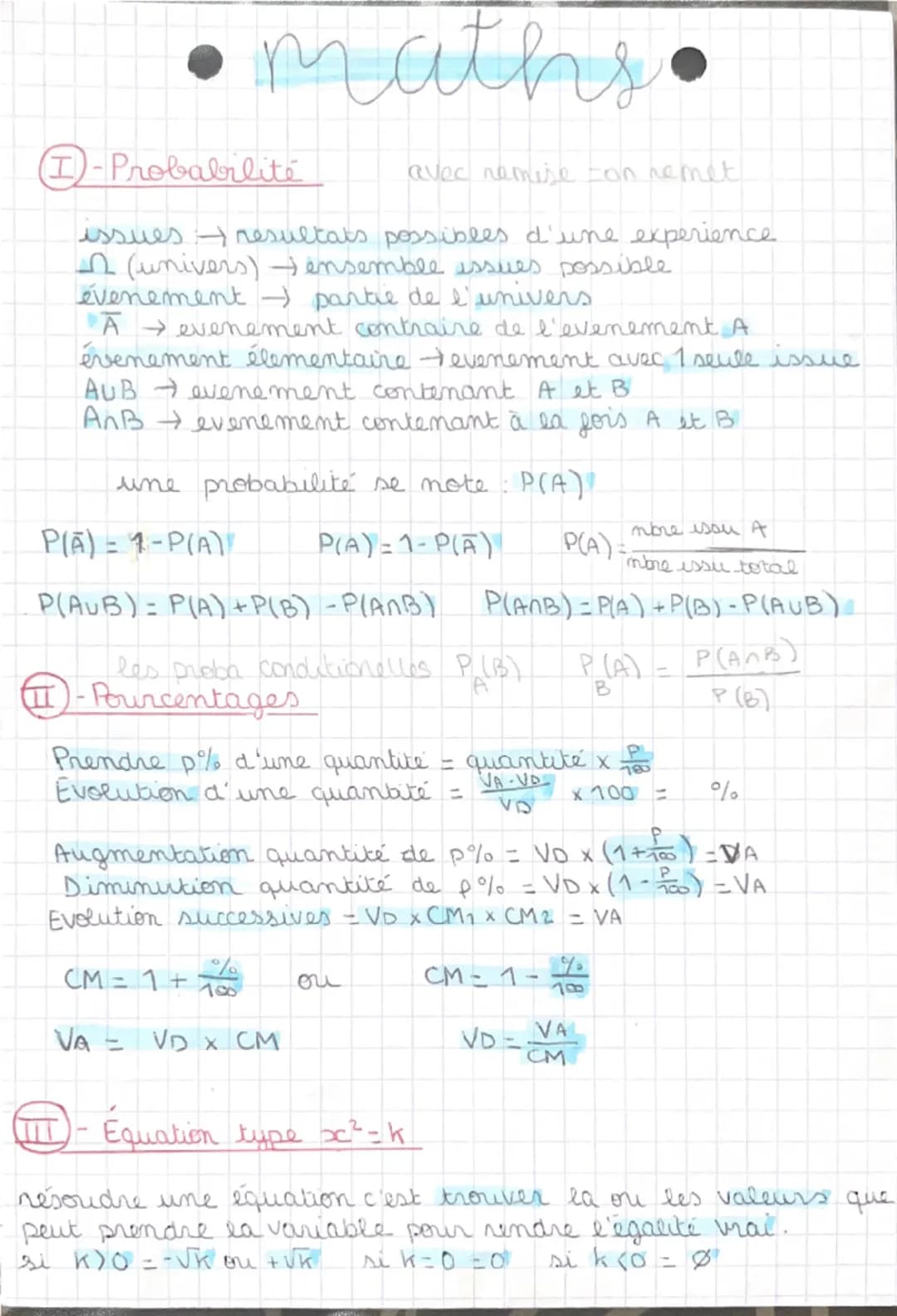 maths
I-Probabilité
avec remise on remet
issues & resultats possibles d'une experience
(univers) + ensemble issues possible
evenement partie