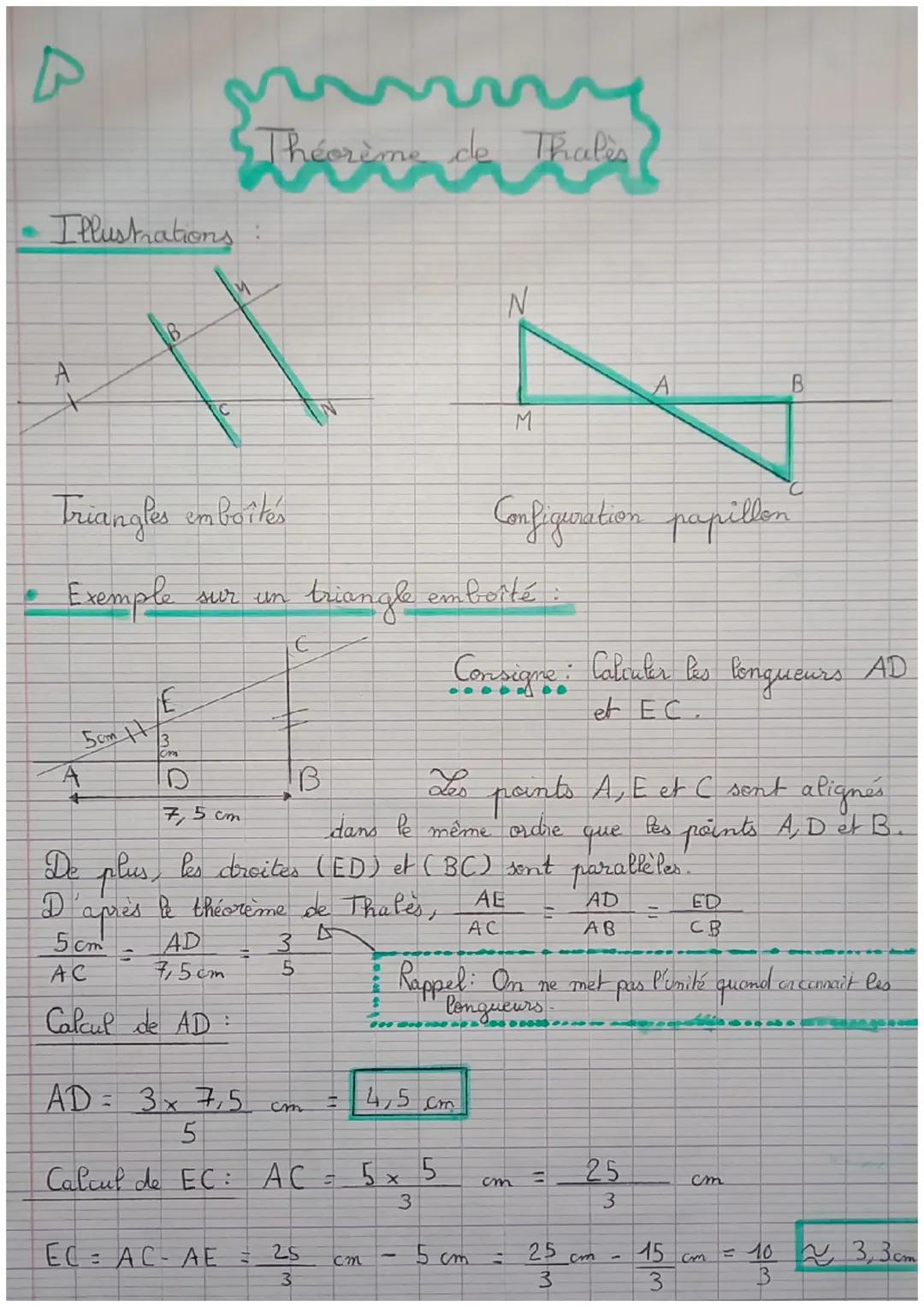 B
Illustrations:
A
A
5 ст н
+
B
Triangles emboîtes
Exemple
3
E
3
cm
C
4
Théorème de Thales
sur un
in
3
EC AC AE =
B
5
AD= 3x 7,5 cm
7,5 cm
D