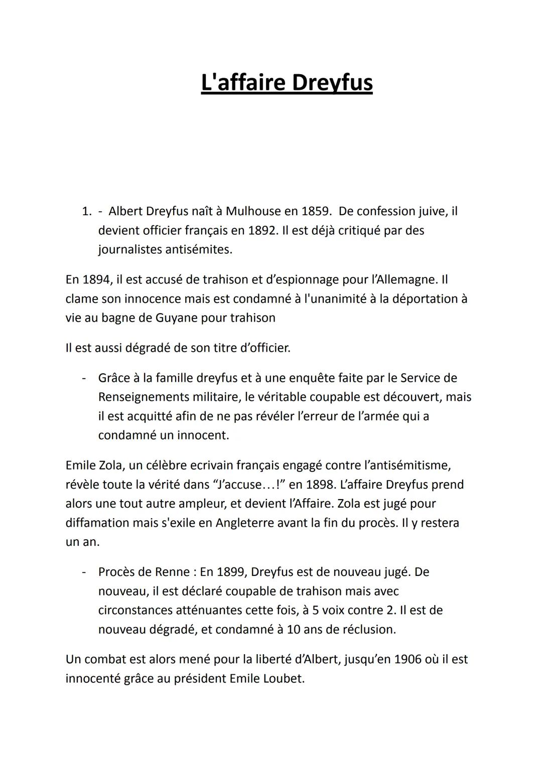 L'affaire Dreyfus
1. - Albert Dreyfus naît à Mulhouse en 1859. De confession juive, il
devient officier français en 1892. Il est déjà critiq