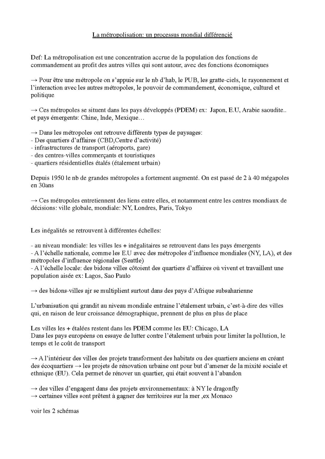 La Métropolisation: Fiche de Révision PDF pour les Contrôles de 1ère