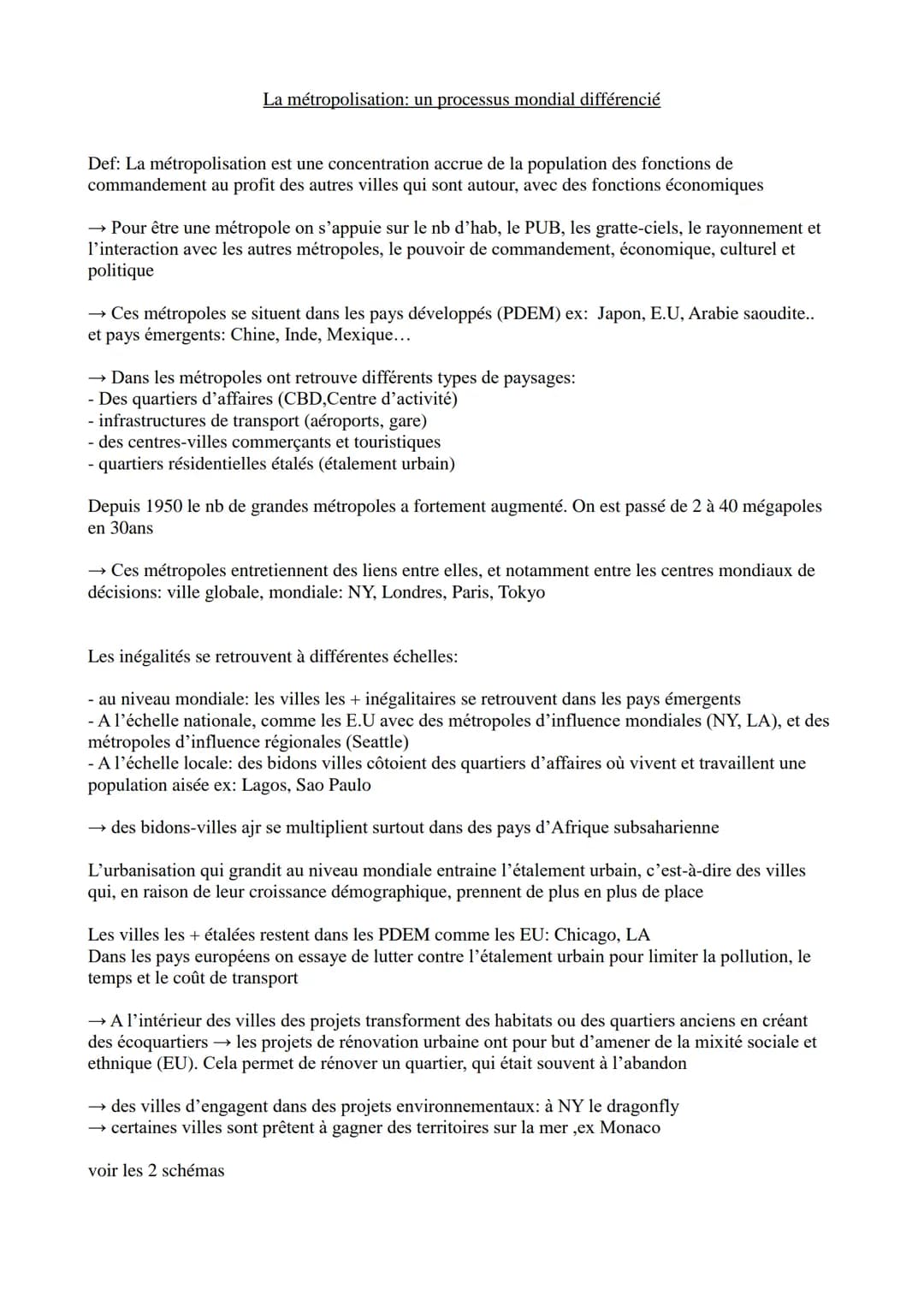 La métropolisation: un processus mondial différencié
Def: La métropolisation est une concentration accrue de la population des fonctions de
