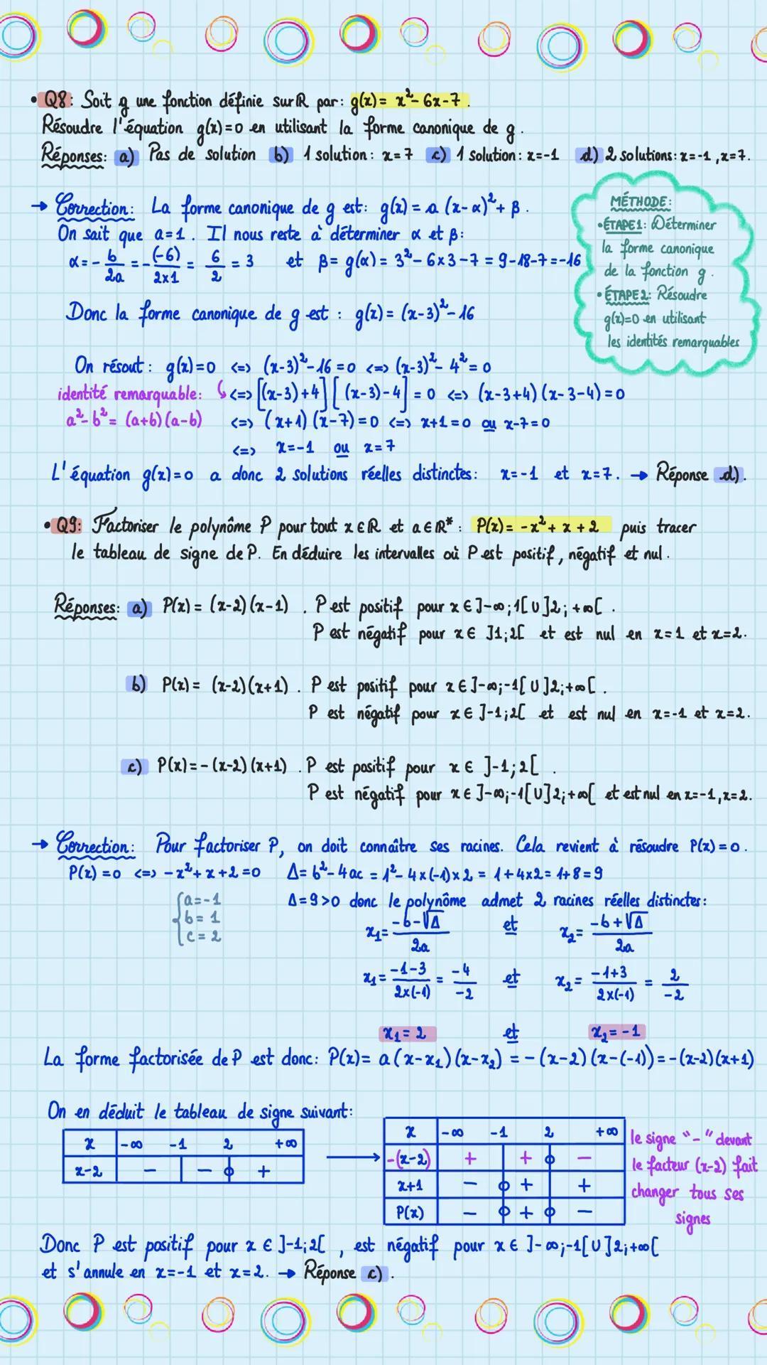 Quiz
• Q1: Résoudre l'équation en utilisant la factorisation et les identités remarquables: 3x² - 3 = 0
Réponses: a) 2 solutions x=-1, x=1
b