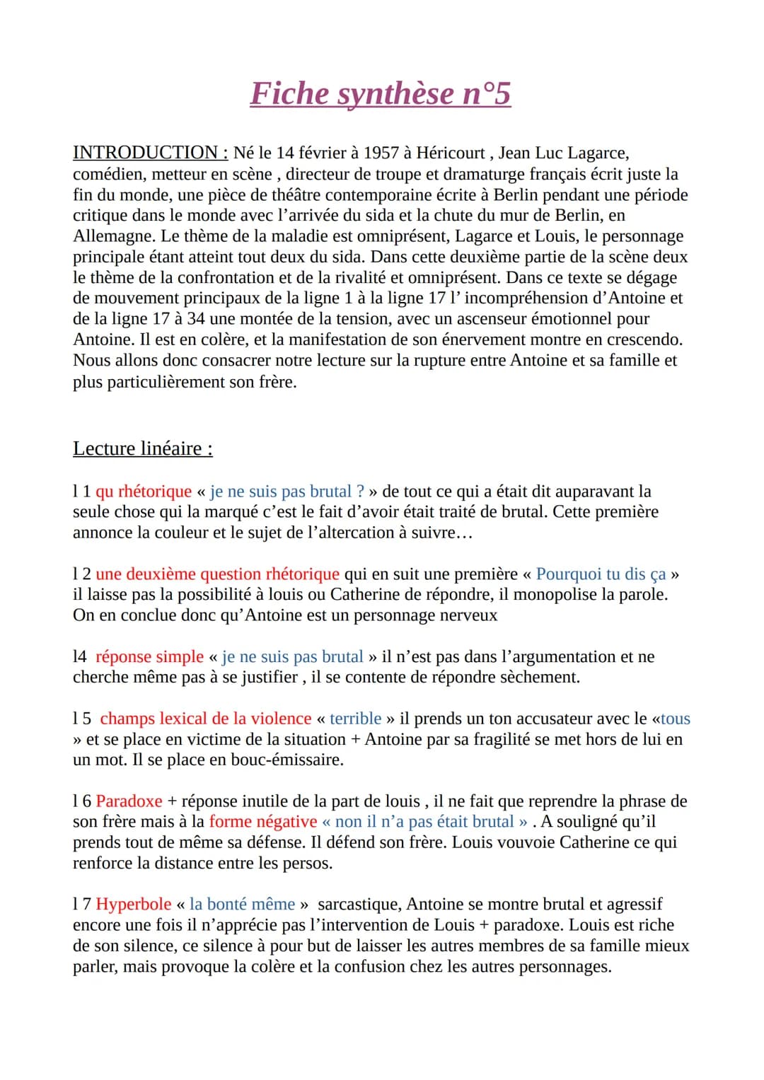 Fiche synthèse n°5
INTRODUCTION : Né le 14 février à 1957 à Héricourt, Jean Luc Lagarce,
comédien, metteur en scène, directeur de troupe et 