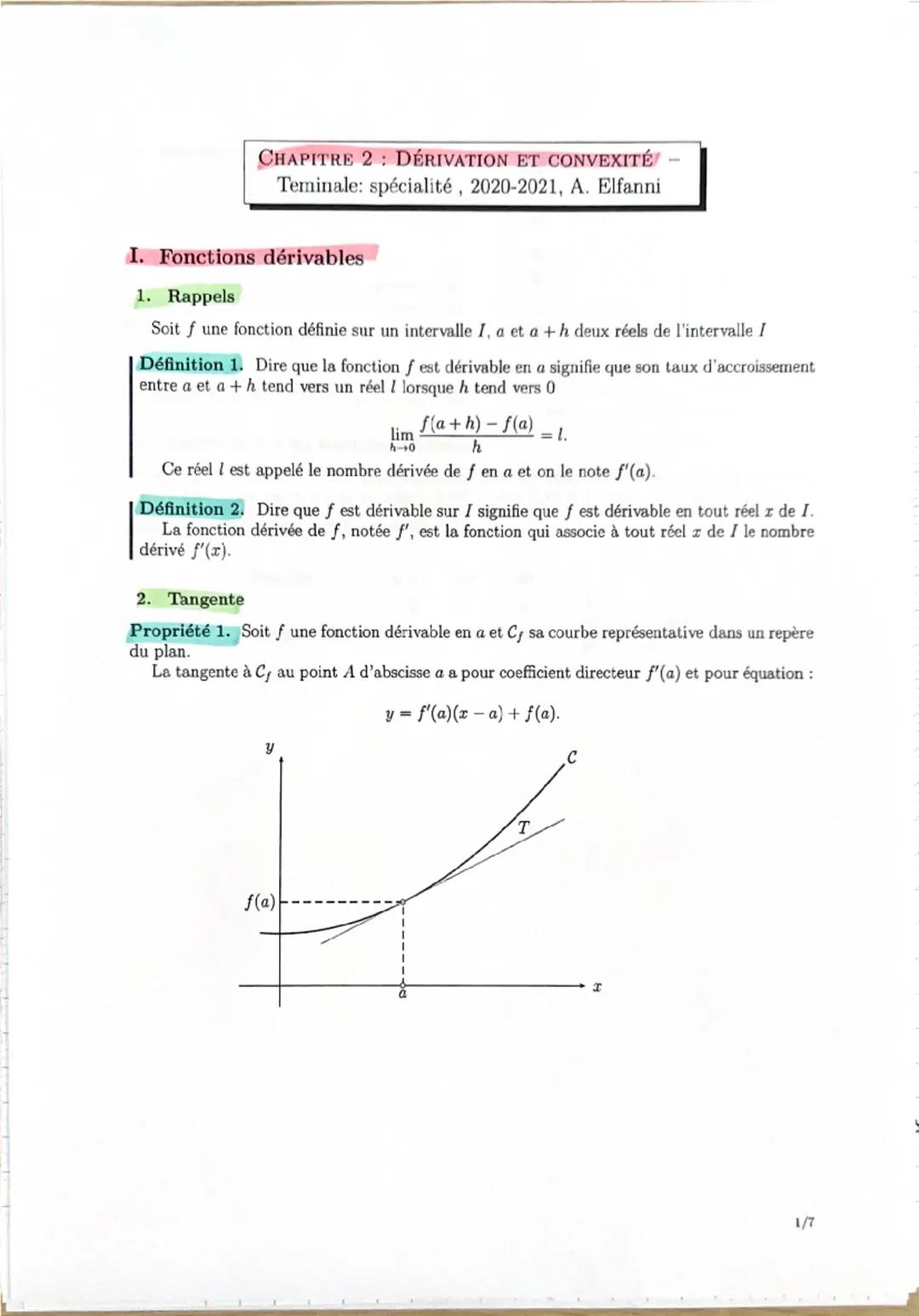 Mathématiques : Dérivation et convexité cours + contrôle 