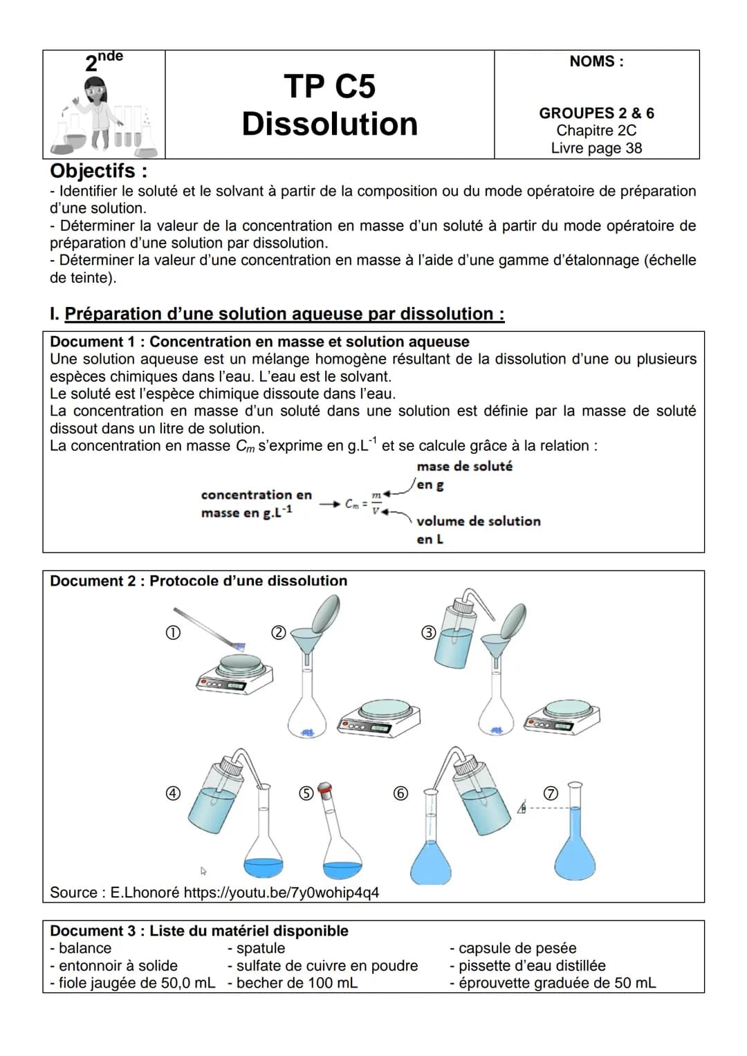 2nde
TP C5
Dissolution
Objectifs :
- Identifier le soluté et le solvant à partir de la composition ou du mode opératoire de préparation
d'un