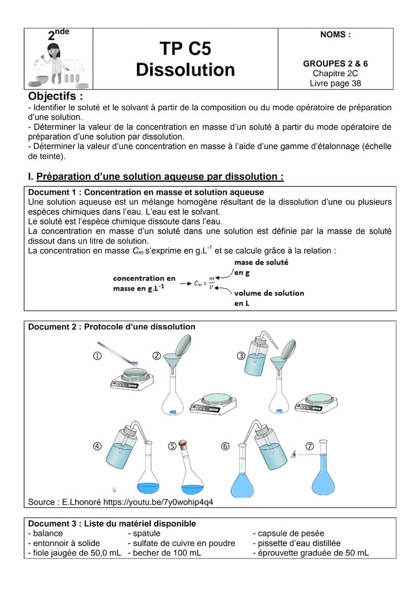 2nde
TP C5
Dissolution
Objectifs :
- Identifier le soluté et le solvant à partir de la composition ou du mode opératoire de préparation
d'un