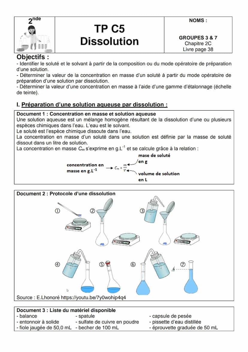 2nde
TP C5
Dissolution
Objectifs :
- Identifier le soluté et le solvant à partir de la composition ou du mode opératoire de préparation
d'un