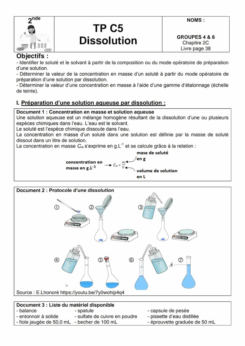 2nde
TP C5
Dissolution
Objectifs :
- Identifier le soluté et le solvant à partir de la composition ou du mode opératoire de préparation
d'un