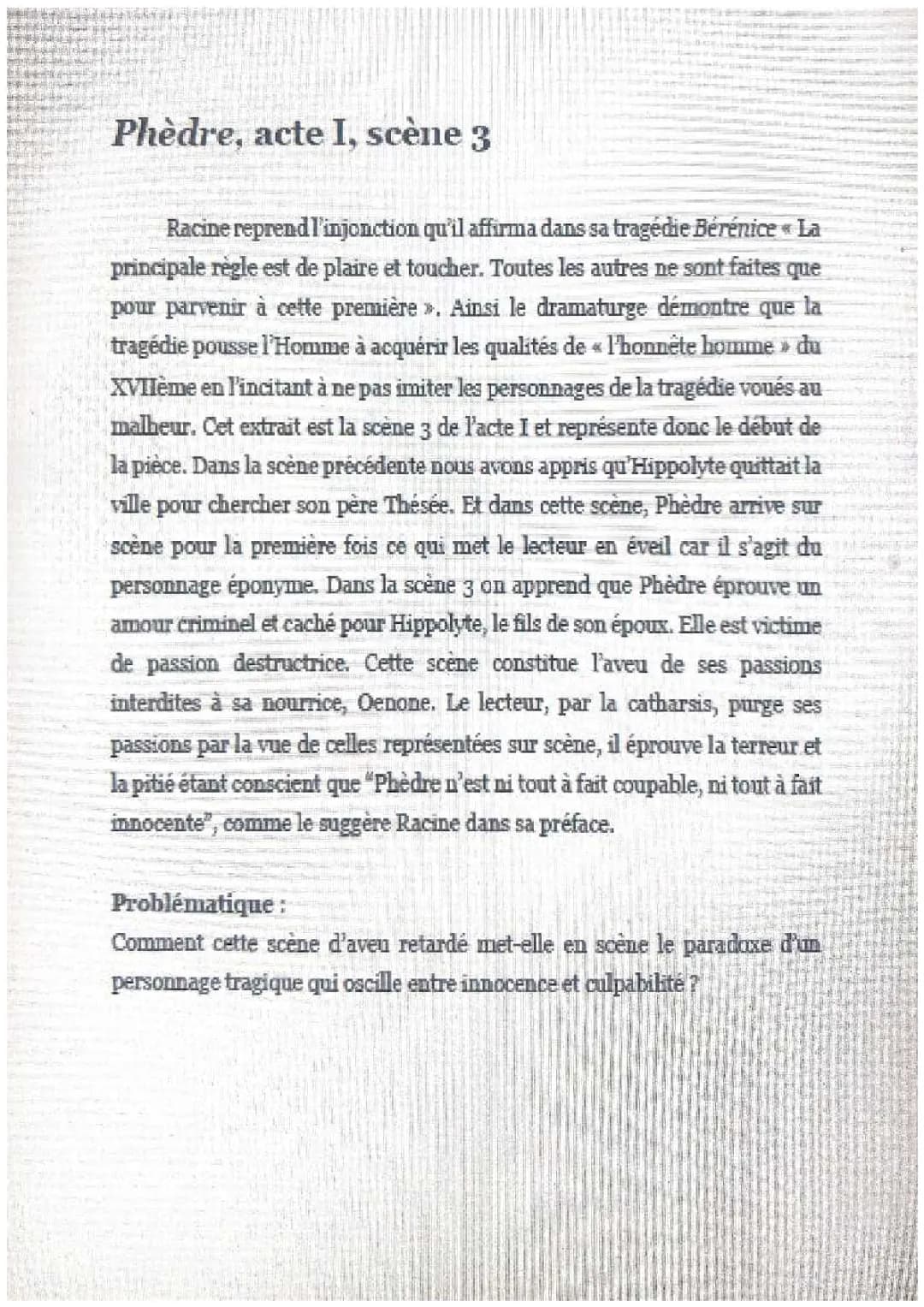 Analyse de Phèdre acte I scène 3 : Innocence et Culpabilité dans la Tragédie de Racine