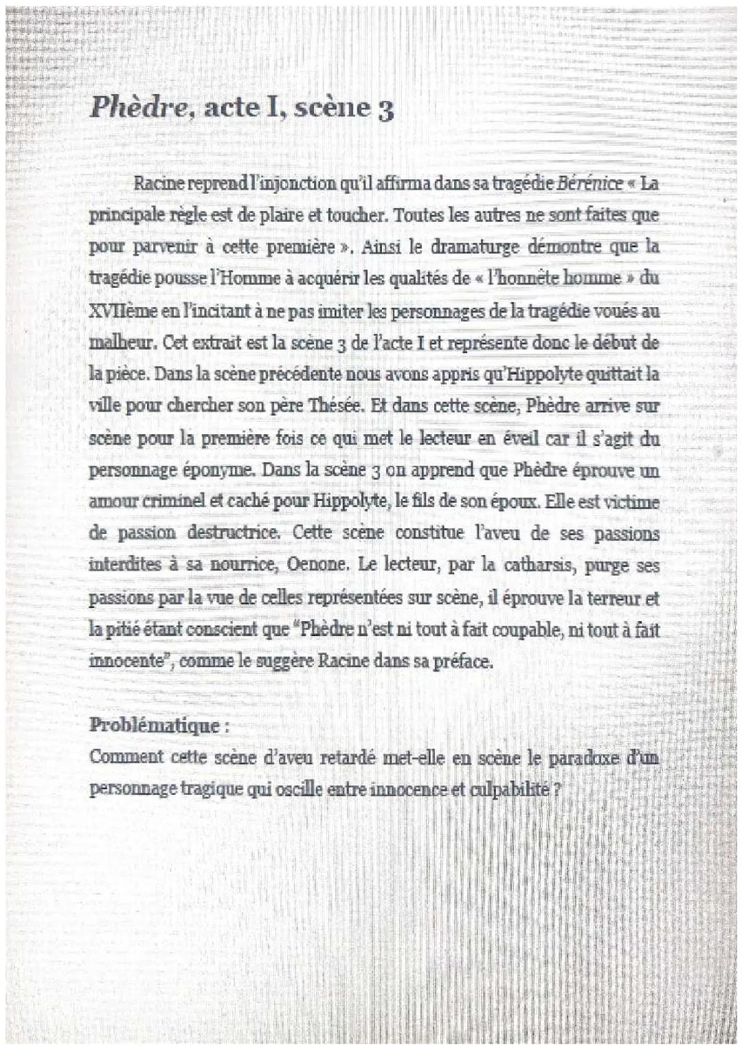 Analyse de Phèdre acte I scène 3 : Innocence et Culpabilité dans la Tragédie de Racine