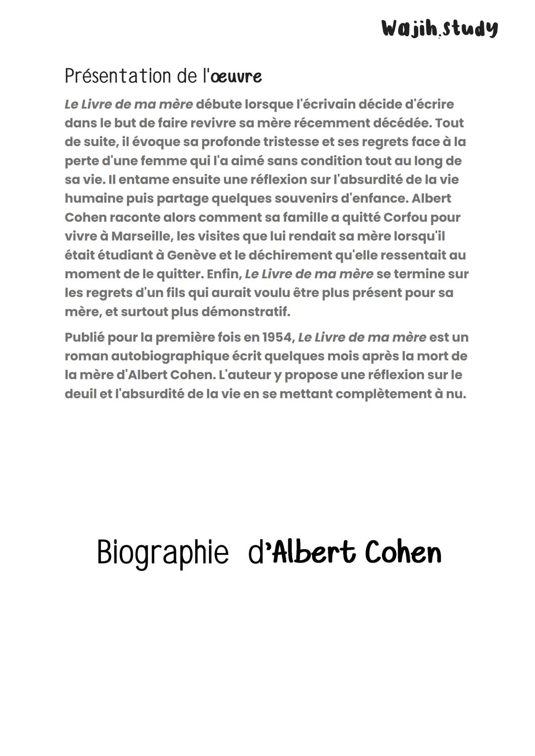 # Analyse Littéraire

Albert Cohen

Le livre de ma mère

Fais par : Benouhoud Wajih Wajih study

Présentation de l'œuvre

Le Livre de ma mèr