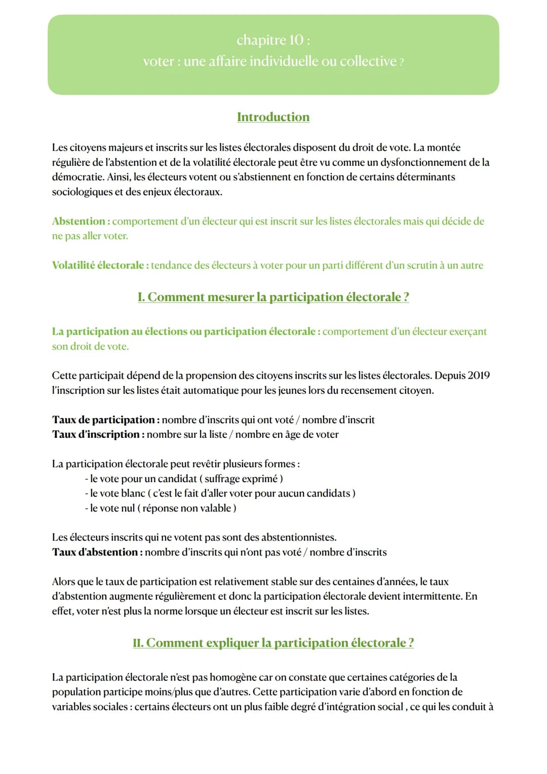 chapitre 10:
voter : une affaire individuelle ou collective?
Introduction
Les citoyens majeurs et inscrits sur les listes électorales dispos