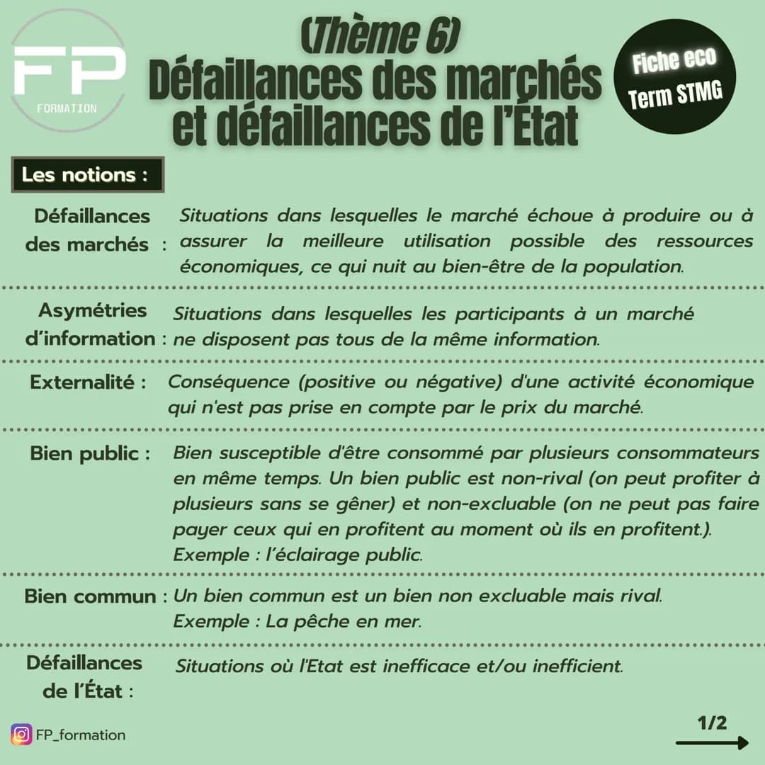(Thème 6)
FP Défaillances des marchés
et défaillances de l'État
FORMATION
Les notions :
Défaillances Situations dans lesquelles le marché éc