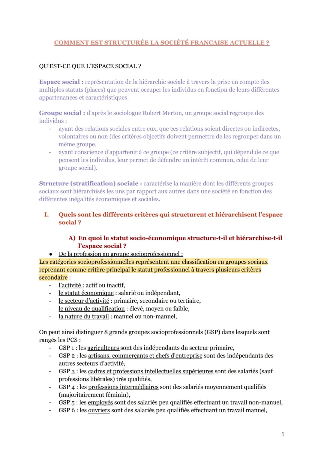 COMMENT EST STRUCTURÉE LA SOCIÉTÉ FRANCAISE ACTUELLE?
QU'EST-CE QUE L'ESPACE SOCIAL?
Espace social: représentation de la hiérarchie sociale 