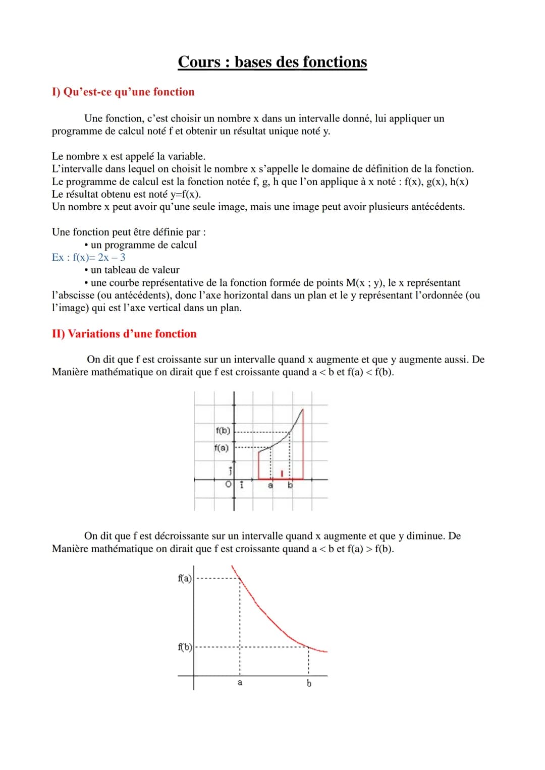Cours bases des fonctions
I) Qu'est-ce qu'une fonction
Une fonction, c'est choisir un nombre x dans un intervalle donné, lui appliquer un
pr