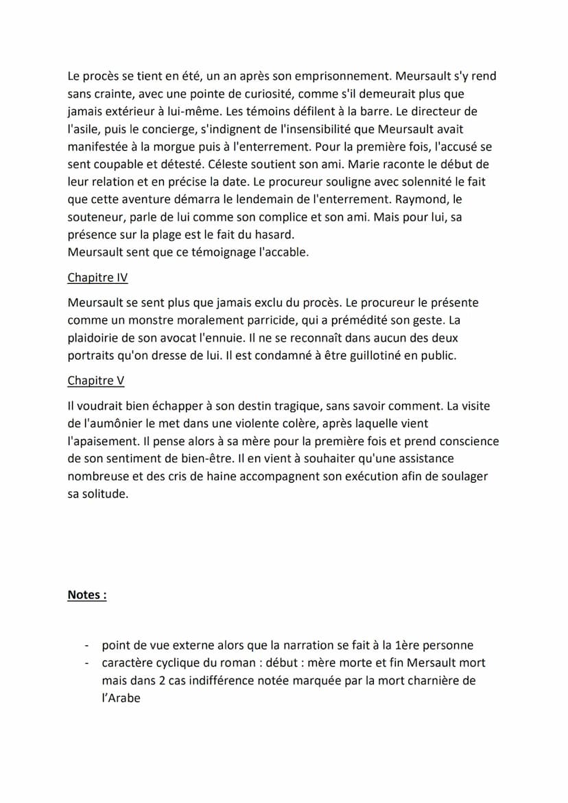 FICHE DE LECTURE : L'ETRANGER, CAMUS
(1942)
Résumé :
PREMIÈRE PARTIE
Chapitre I
L'action se situe à Alger, dans les années trente. Meursault