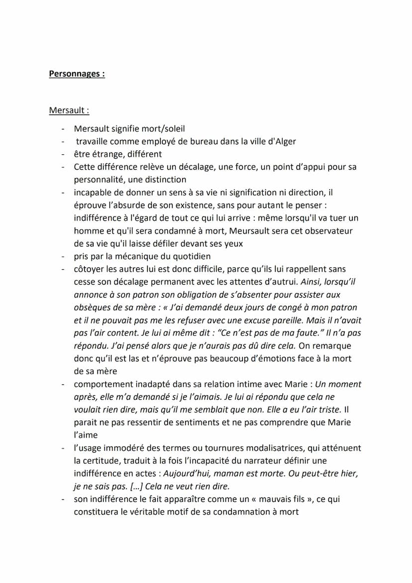 FICHE DE LECTURE : L'ETRANGER, CAMUS
(1942)
Résumé :
PREMIÈRE PARTIE
Chapitre I
L'action se situe à Alger, dans les années trente. Meursault