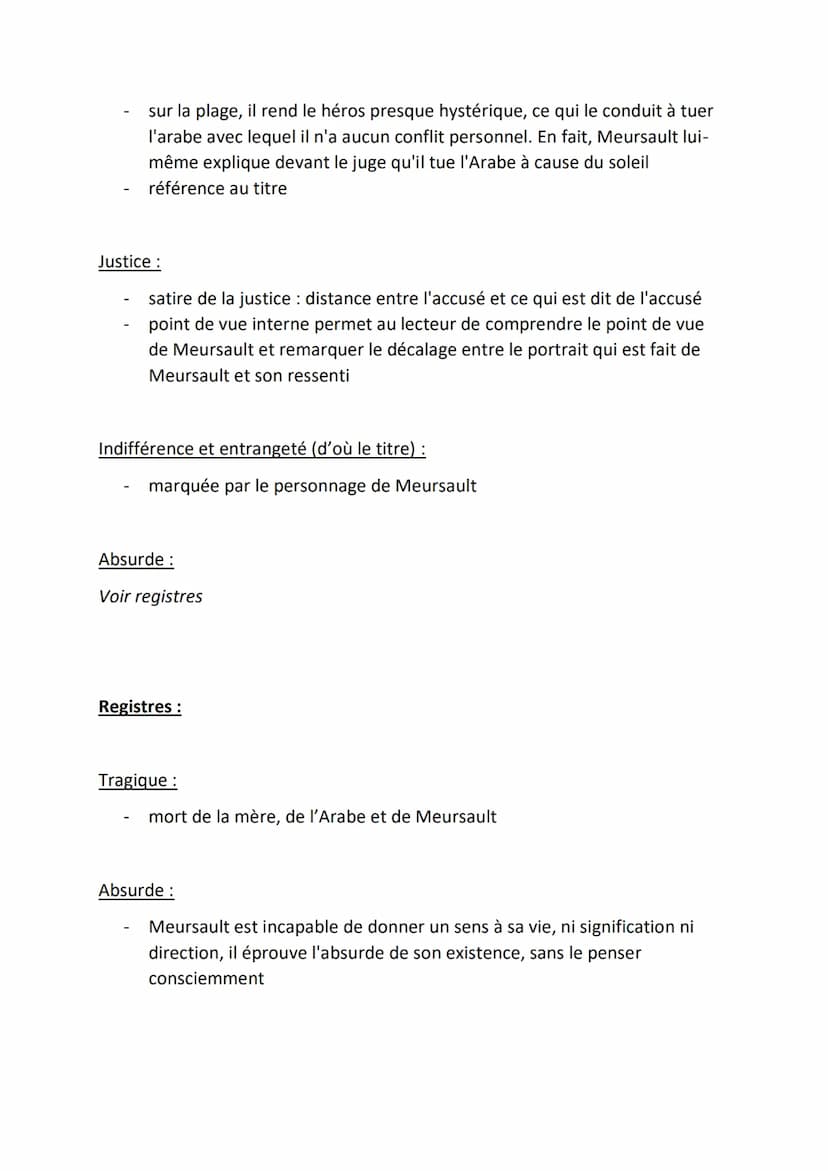FICHE DE LECTURE : L'ETRANGER, CAMUS
(1942)
Résumé :
PREMIÈRE PARTIE
Chapitre I
L'action se situe à Alger, dans les années trente. Meursault