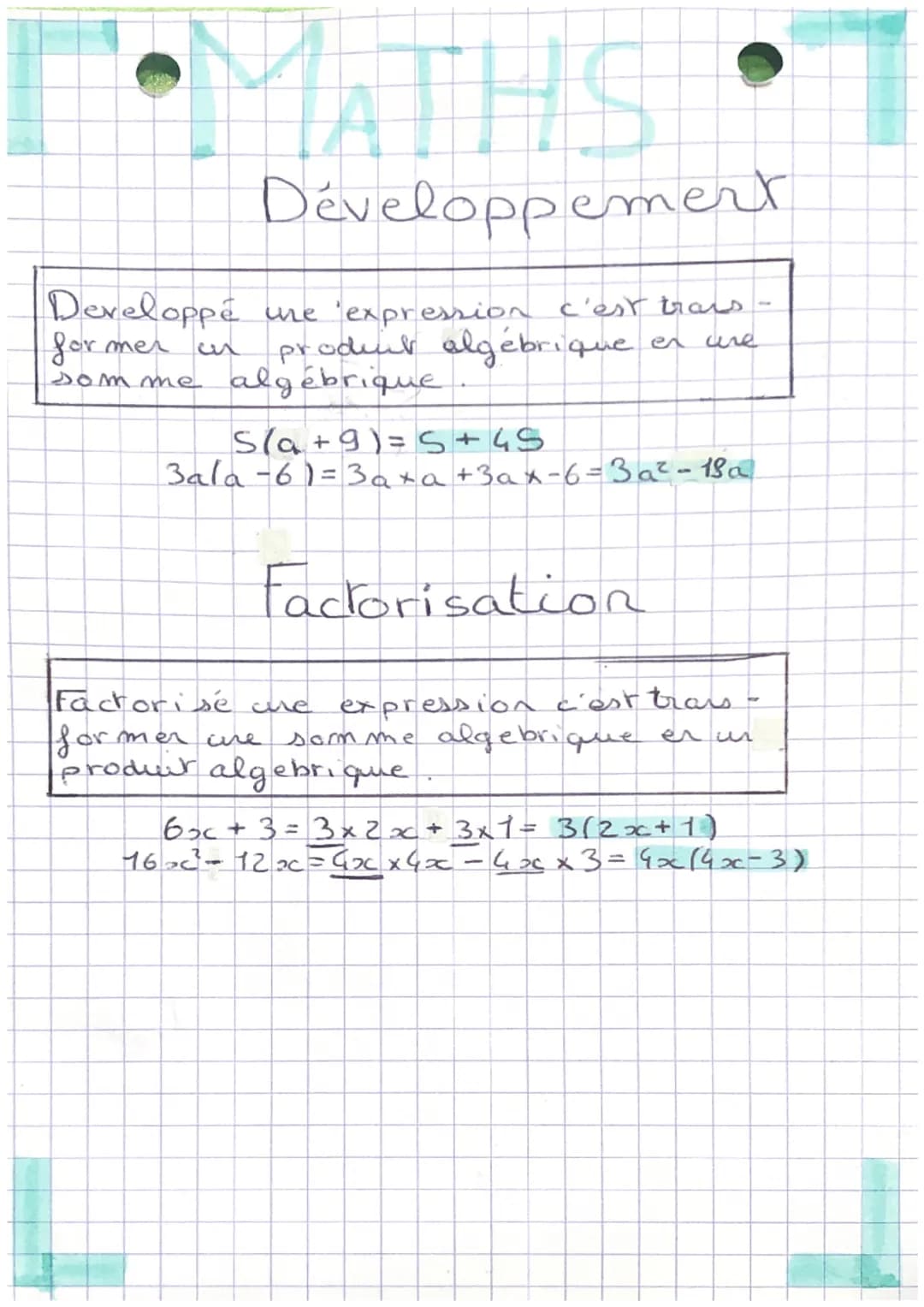 MATHS
Développement
Developpé une expression c'est trans
former
en
prodent algébrique en ure
somme algébrique
S(a+9)= 5+45
3ala-6)=3a+a+3ax-