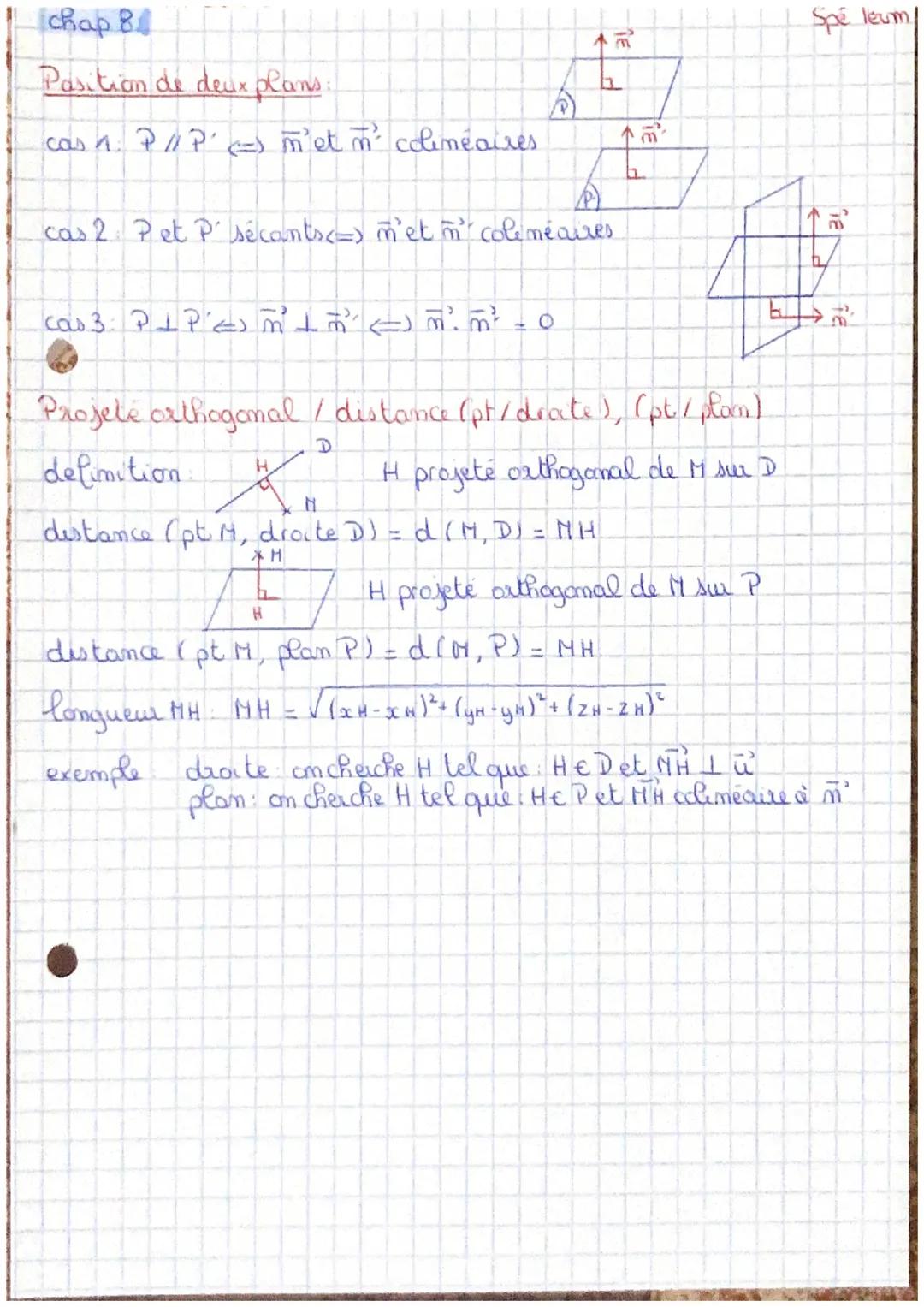 # chap 8

Produl scalaire

Spe Term

Produit scalaire dans l'espace.

@ $\vec{u}.\vec{v}$ = llullxllllx cos ($\vec{u'}$, $\vec{v}$)

② Hproj