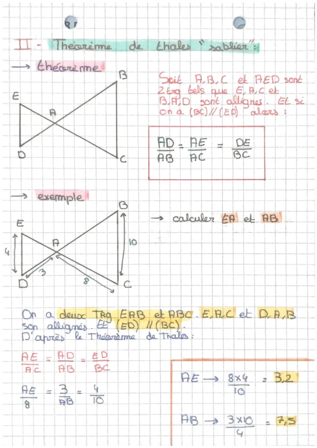 Maths
I
thecreme de thakes.
→théorème
A
U
D
example
B.
10
6
S
Sait ABC et ADE 2 Era tel que
Ezg
A.B.D et A, GE sont allignes.
(BC) (DE)
Ас
=
