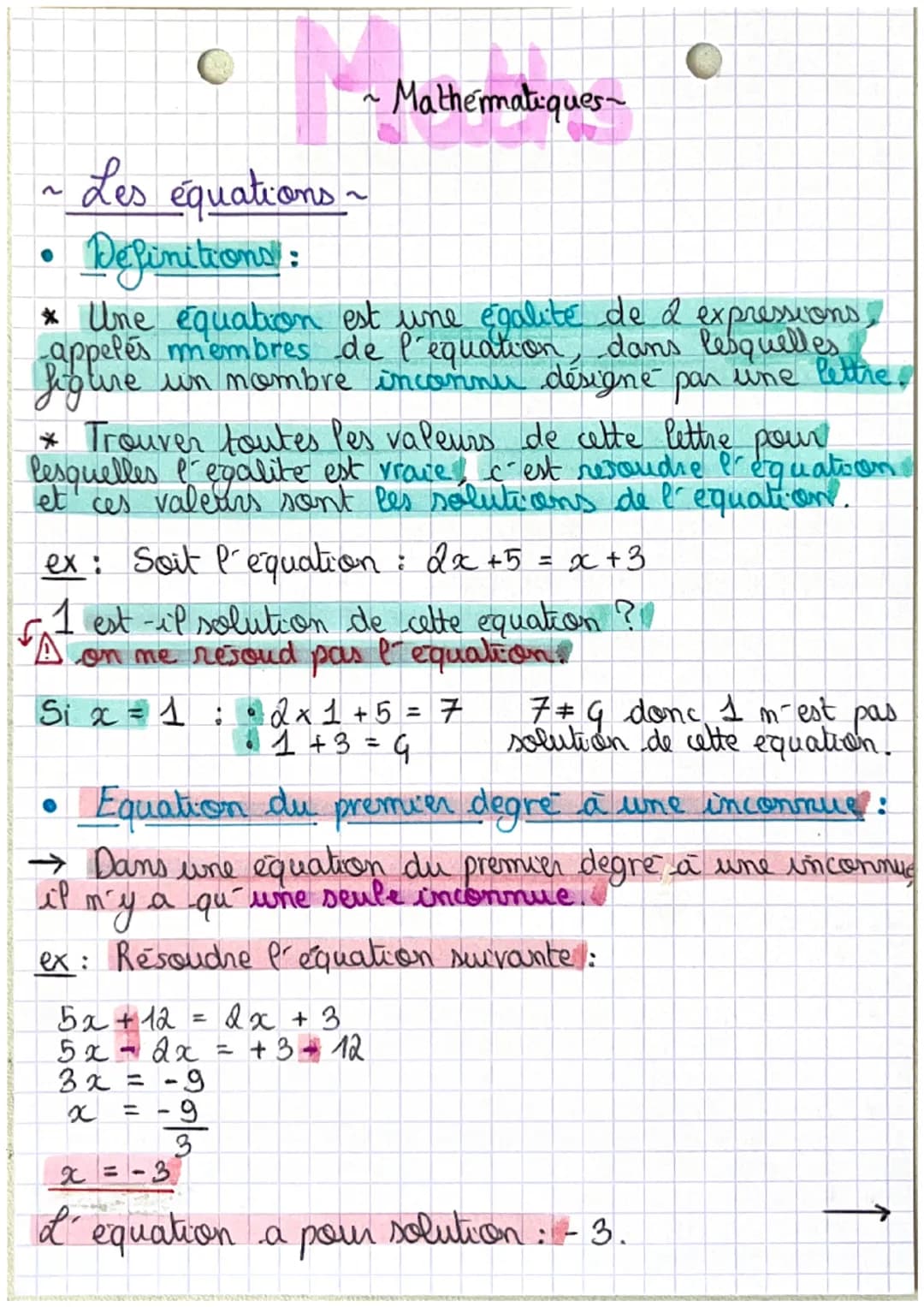 Les équations ~
Definitional:
* Une équation est une égalité de d expressions
-appeles membres de l'equation, dans lesquelles
figure un nomb