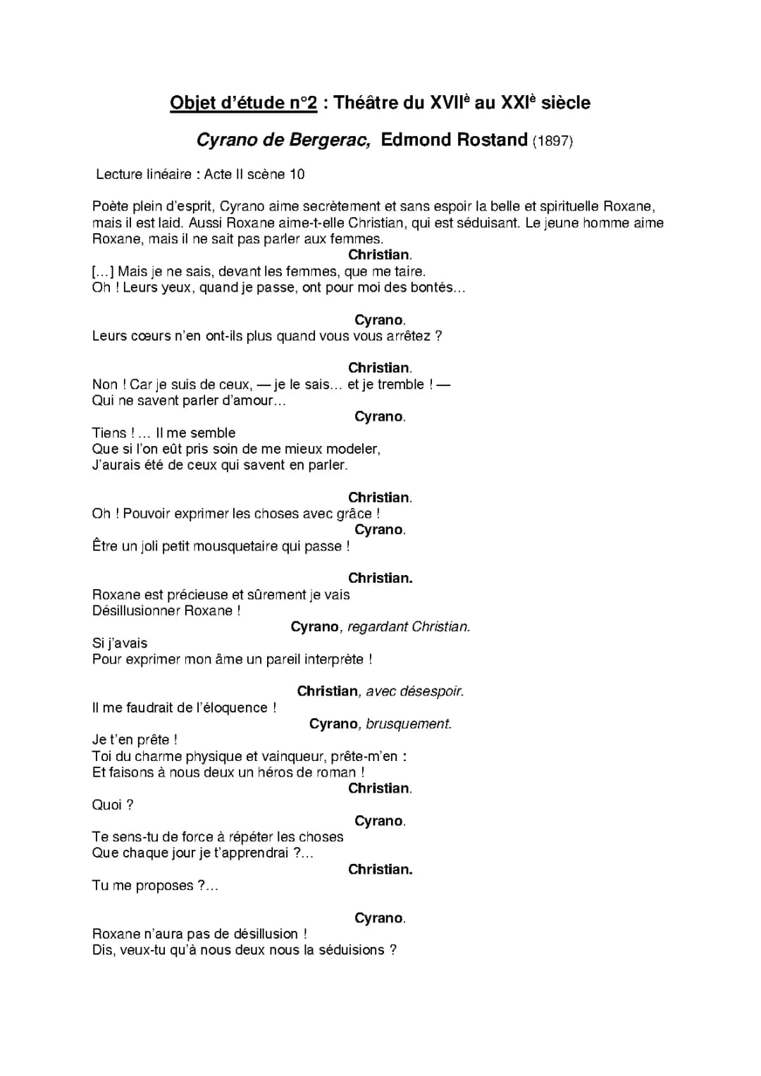 Lecture Linéaire Cyrano de Bergerac d'Edmond Rostand, Acte II scène 10